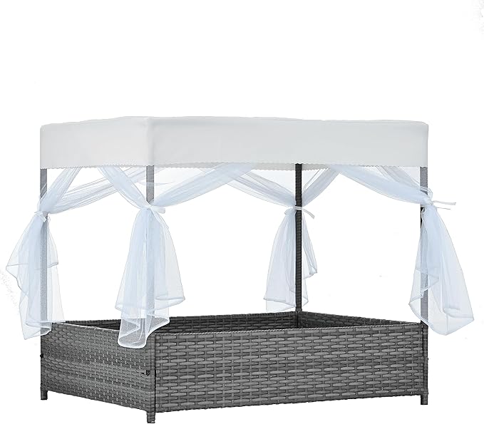 Dog Bed Outdoor Patio Furniture, PE Wicker Pet Bed with Metal Frame and Curtain, Elevated Cozy Pet Enclosure for Indoor Outdoor Use, 35.8" W x 28" D x 31.9" H, Black