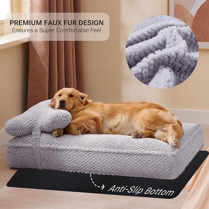 Soft Touch Faux Fur Dog Bed for Extra Large Dogs 8.5" Extra Thick, Orthopedic Pet Bed with Waterproof Liner and Washable Cover, with Removable Cute Pillow, Grey Color