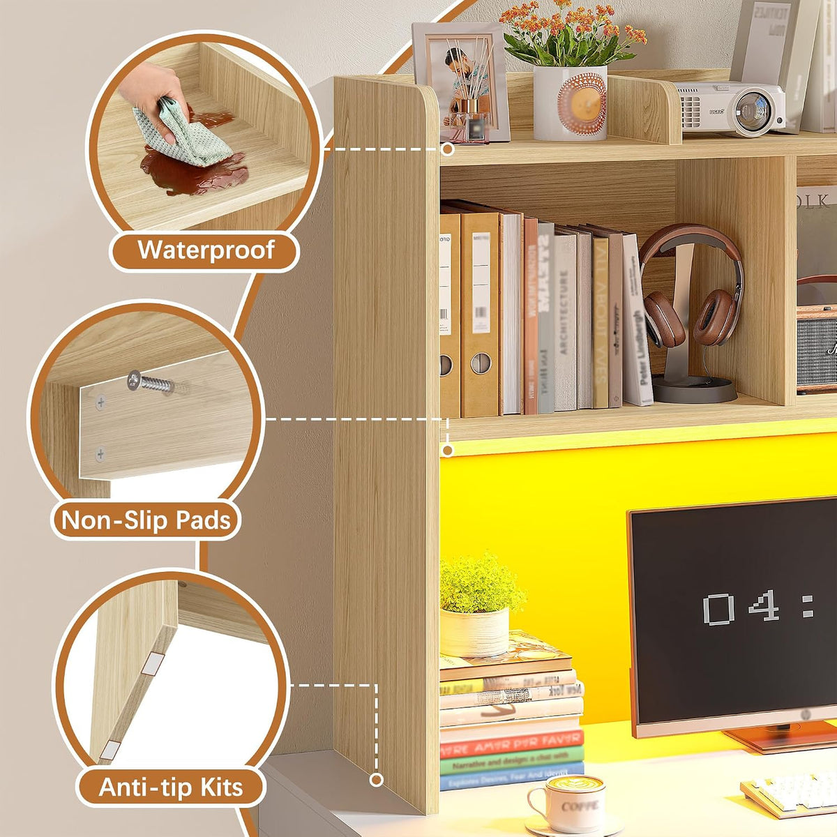 REIBII 3 Tier Desk Hutch, 6 Shelves to Storage, LED Desktop Shelf