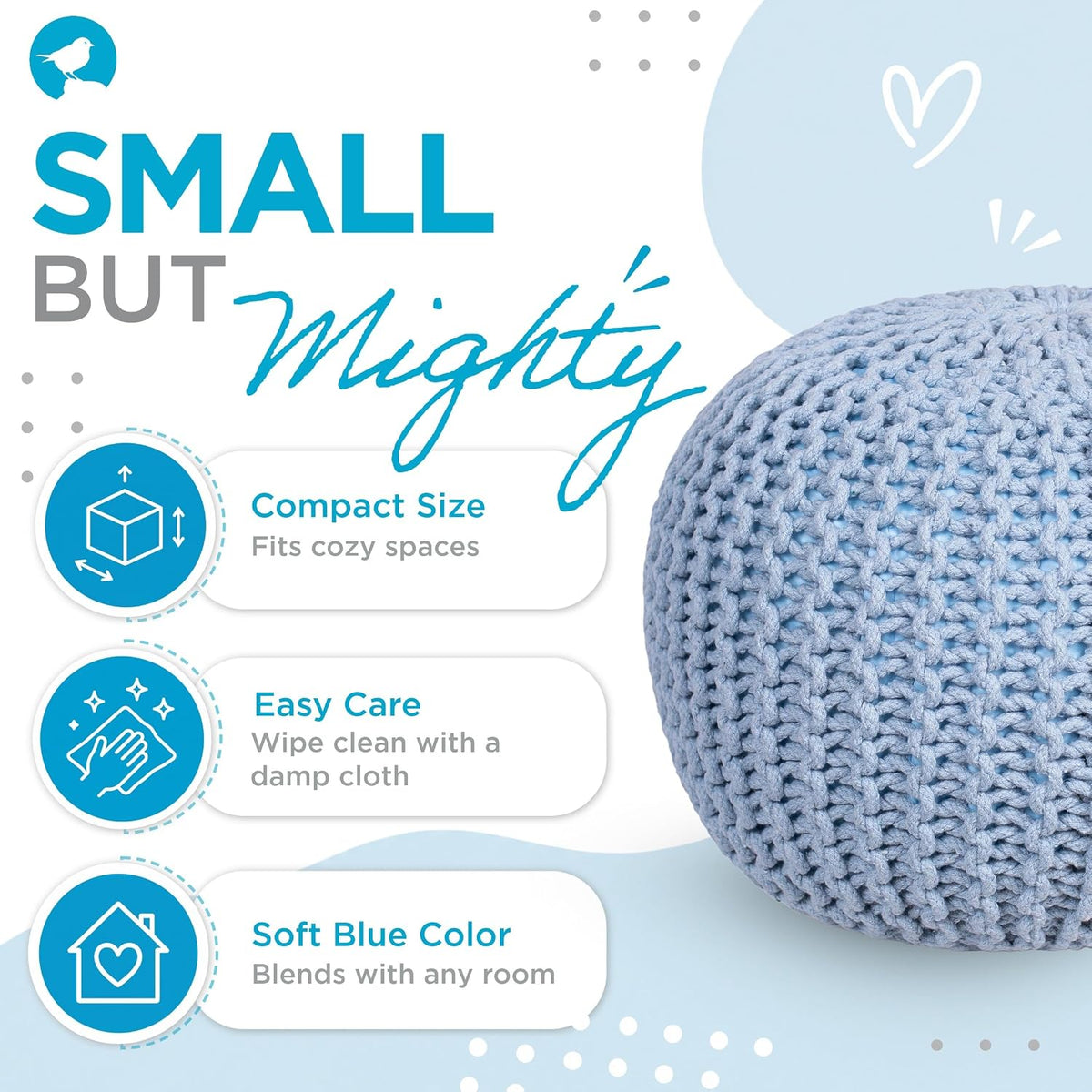 BIRDROCK HOME Round Pouf Ottoman Foot Rest, Soft Blue, 18.5”x18.5”x15”