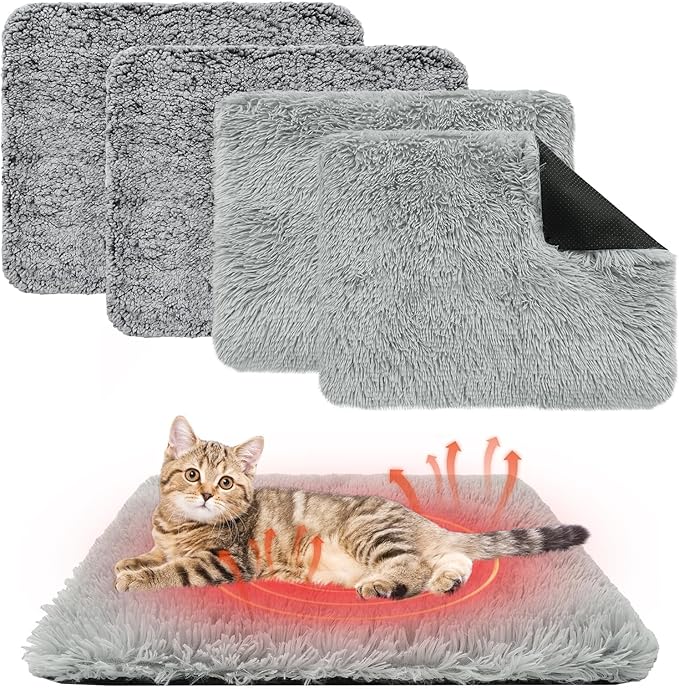 KOOLTAIL Self Warming Cat Bed, 4 Pack 18*24in Plush Extra Warm Self Heating Pet Pad for Crate, Floor, Indoor Outdoor, Non-Slip Upgraded Thermal Foil Puppy Kitten Mat with Removable Washable Cover,Grey