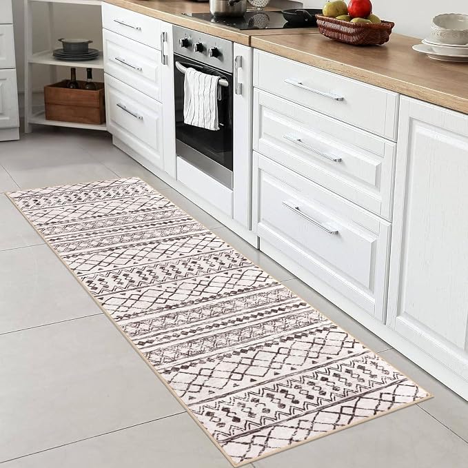 KUTA Moroccan Washable Hallway Runner Rug 2x6 Non-Slip Vintage Brown Cream Boho