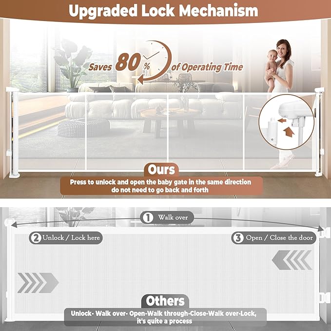 200.1" Retractable Baby Gate Extra Wide, 41" Tall Retractable Dog Gate for Stairs, Doorways, Decks, Mesh Gate Long Child Gate Pet Gate for Indoor, Outdoor, with Reinforced Mesh Rods, Dual Locks