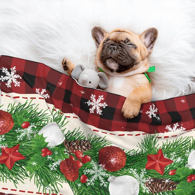 Xmas Blanket for Dog Cat - Snowflake Throw Blanket 30x20 Holiday Buffalo Plaid Pet Blanket for Couch Sofa Bed