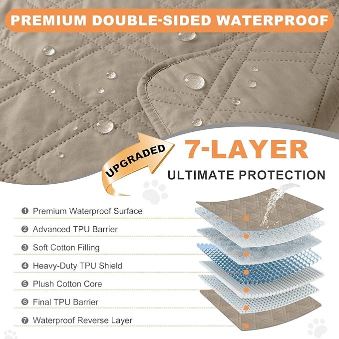 100% Waterproof Dog Couch Protector, Triple-Layer Waterproof Dog Bed Cover Pet Blanket Reversible 2-Tone Sofa Shield, Non-Slip Furniture Guard for Pets(82×92 Inch, Khaki+Khaki)
