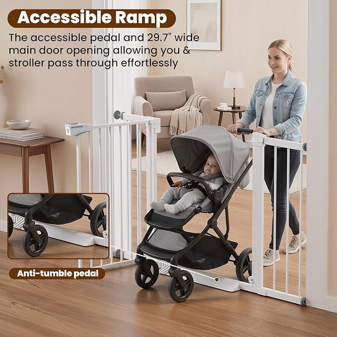 29.7-46" Extra Wide Baby Gate for Stairs, Pressure Mounted Dog Gate Indoor for Doorways, Auto Close Pet Gate with Walk Thru Door, Double Lock Child Safety Gate for Kids and Pet, No-Trip Design