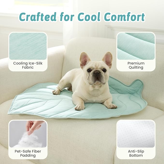 Dog Cooling Mat, Q-Max > 0.4 Leaf Shaped Pet Pad, Liquid Pee Proof Summer Mat for Cats, Washable Sleep Blanket for Bed Couch Floor Indoor, 39x34 inch, Green