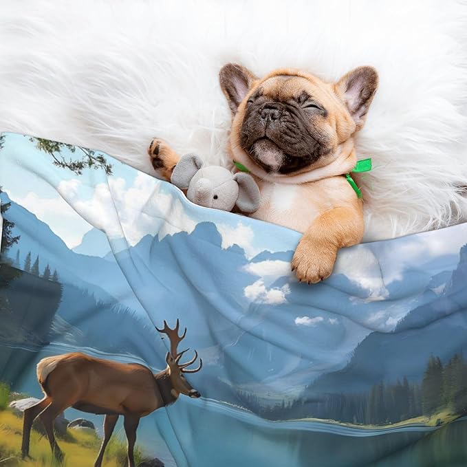 Waterproof Dog Blanket Soft Pet Blanket for Puppy Cat, Fleece Cat Throw Blankets for Furniture Bed Couch Sofa Reversible - Majestic Deer Mountain Lake