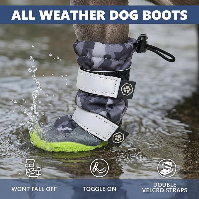 Spark Paws Dog Shoes, Waterproof Dog Boots for Medium to Large Dogs, Non Slip, Breathable Dog Booties and Paw Protectors - 4PCS Doggie Hiking Boots with Reflective Straps, Gray Camo, Size 7