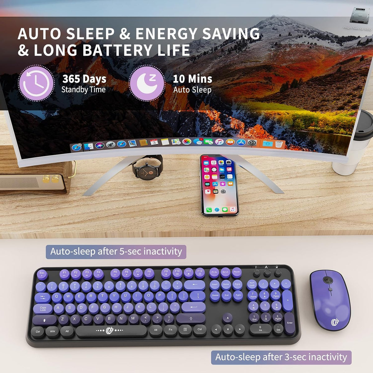 Wireless Keyboard and Mouse Combo, 2.4GHz Retro Typewriter Keyboard with Round Keycaps, Full-Size Creamy Silent Office Set for Desktop Laptop PC Computer (102 Keys Purple Black)