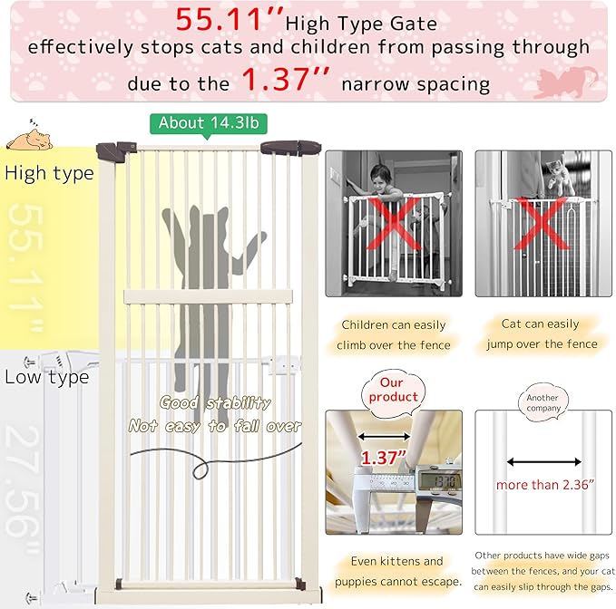 Lumizone Extra Tall Pet Gate 55.12" High Pressure Mounted 50.79"-55.11" Extra Wide (9 Sizes) 1.37" Gap for Cat Dog Stairs Doorway Hallway No Drilling Auto-Close (50.79"-55.11" W, Cream White)