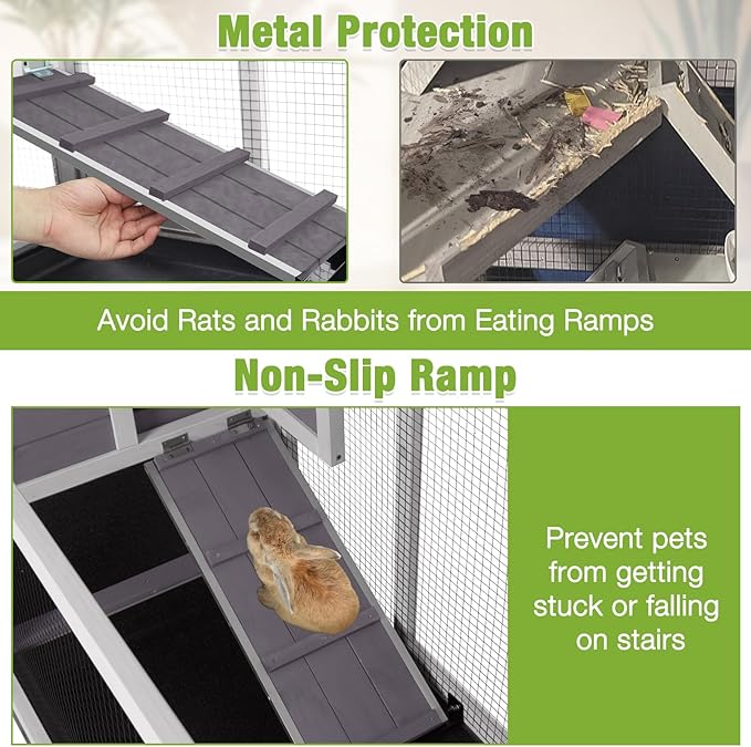 Gutinneen 2-Story Rabbit Hutch Indoor Large Bunny Cage with Chew-Proof Ramp - Wooden Rabbit Cage Outdoor with 6 Lockable Caster Wheels & Dual Pull-Out Trays for Rabbits, 62"L x 22.6"W x 33.5"H (Grey)