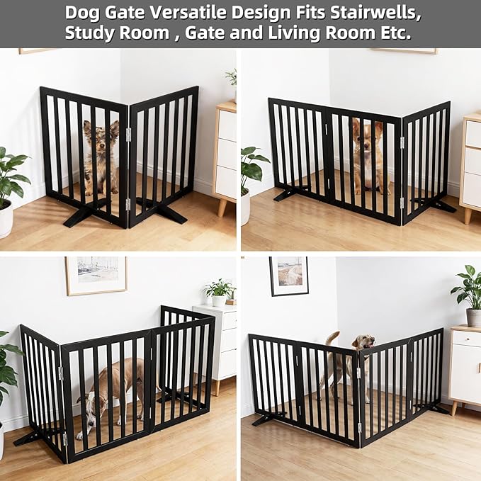 Dog Gate Indoor, Freestanding Dog Fence for The House, Doorways, Hallways,or Stairs,Pet Gate Foldable Wooden,Expandable 24" Height 2 Panels,Black