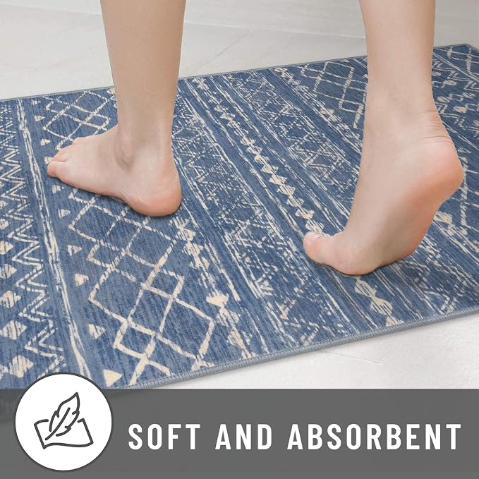 KUTA 3x5 Boho Area Rug for Living Room, Moroccan Blue Beige Washable Kitchen