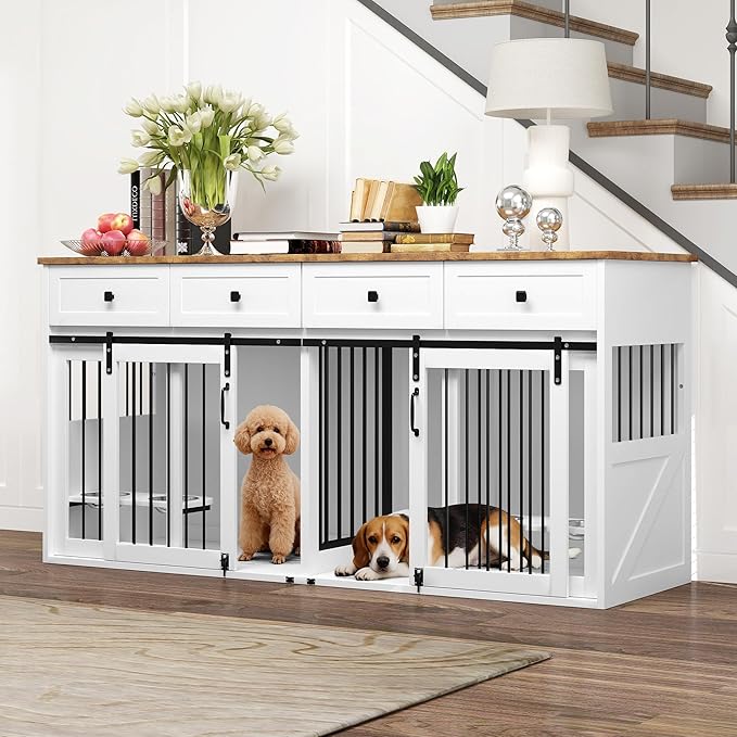 Real Relax 71” Large Dog Crate Furniture for 1 or 2 Dogs with Sliding Door, Heavy Duty Dog Kennel Furniture for Small/Medium Dogs with 4 Bowls, Dog Cage with Steel Frame, White