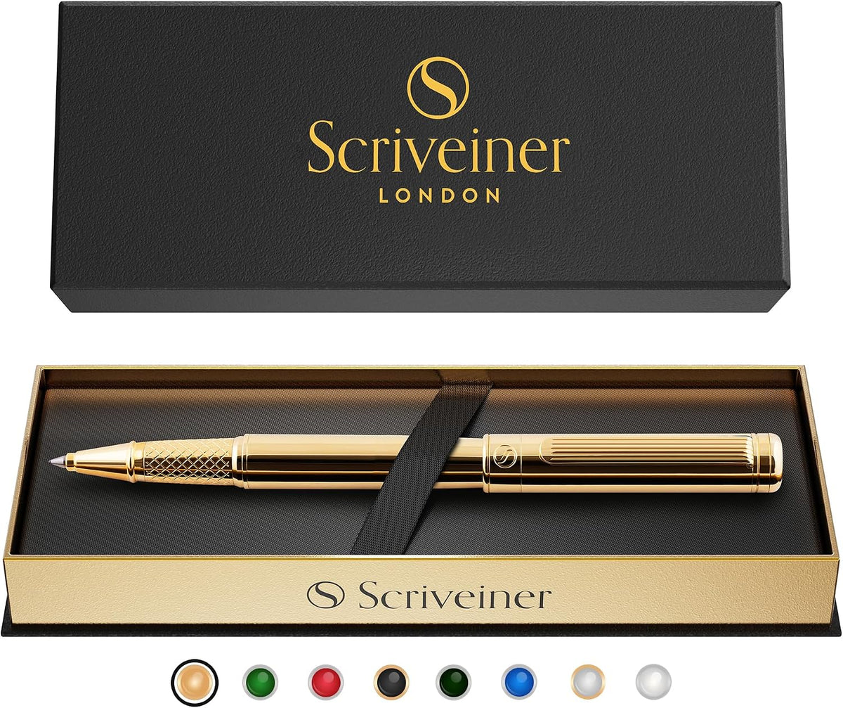 Scriveiner Gold Rollerball Pen - Stunning Luxury Pen, Real Gold Plating, Schmidt Ink Refill, Best Roller Ball Pen Gift Set for Men & Women, Professional, Executive Office, Nice Pens