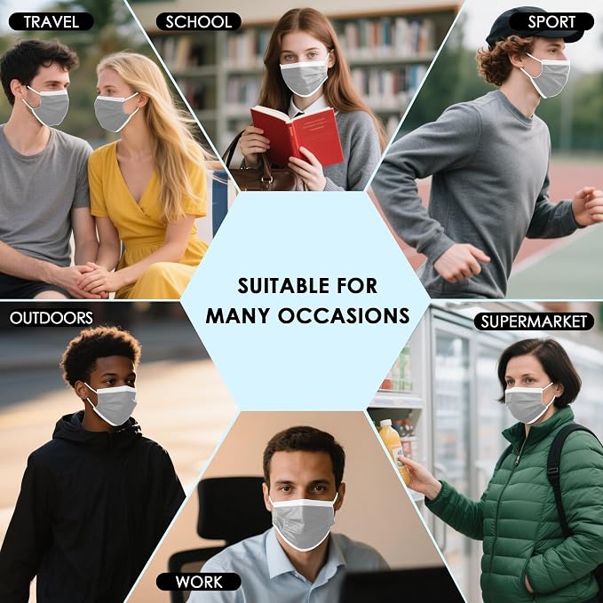 NNPCBT Grey Disposable Face Masks 125 Pack, 3-Ply Breathable Mask