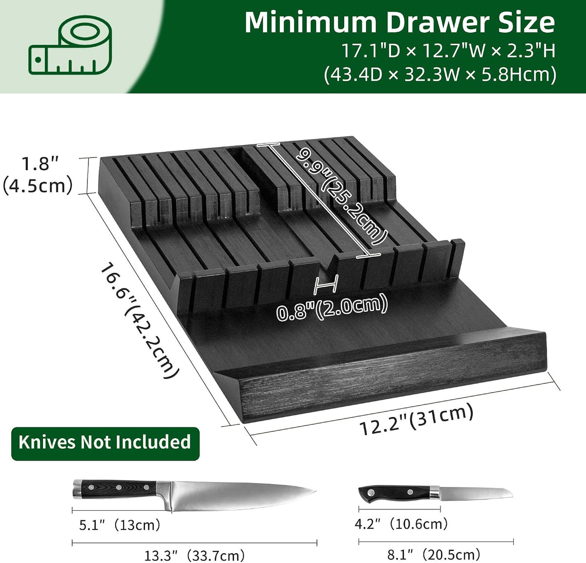 Utoplike Bamboo In-Drawer Knife Block Organizer, Drawer Knife Holder Black