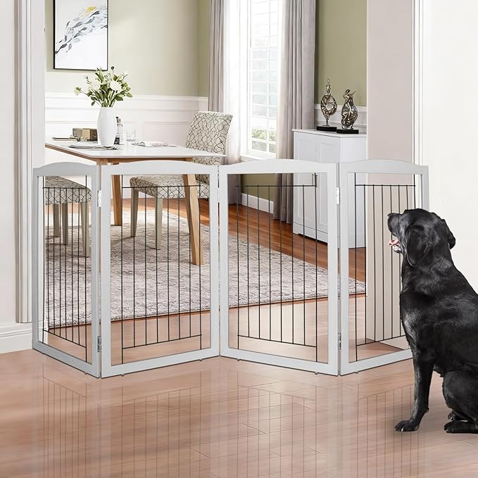 ZJSF Freestanding Foldable Dog Gate for House Extra Wide Wooden Grey Puppy Gate Stairs Dog Gates Doorways Tall Pet Gate 32" Height 4 Panels Pet Fence