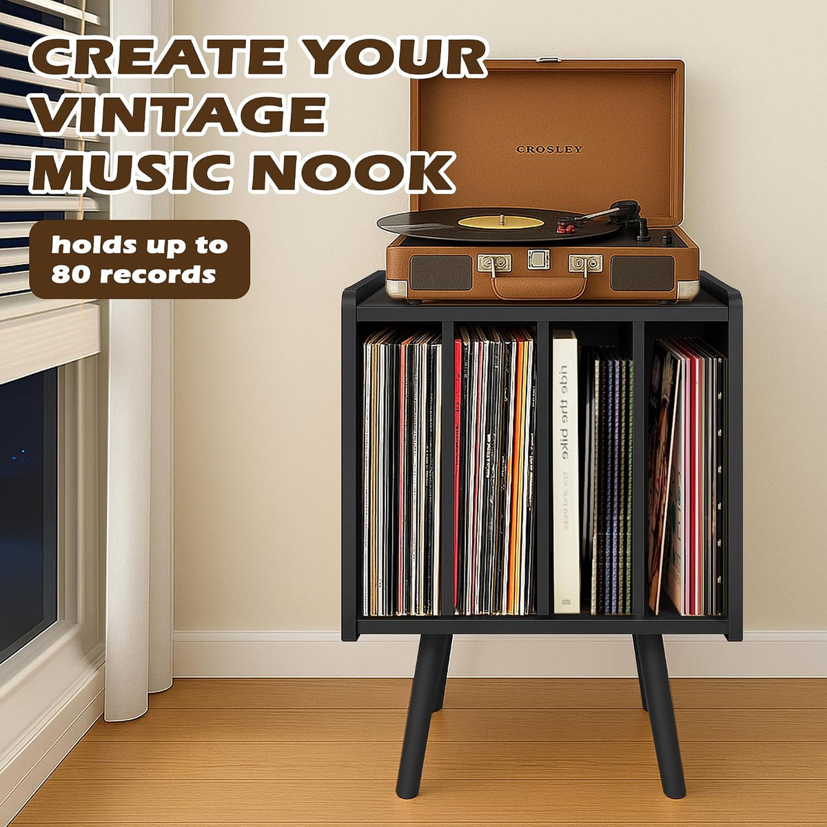 Record Player Stand, Vinyl Record Storage Table with 4 Cabinet, Mid Century Modern Turntable Stand, Organizer Vinyl Table for Bedroom Living Room (Black)