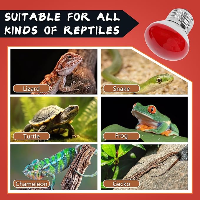 LUCKY HERP Infrared Heat Lamp, 25W Reptile Heat Lamp 2 Pack Red Heat Lamp Bulbs, Infrared Basking Spot Heat Light Bulb, Amphibians Heat Lamp Bulbs for Reptile, Geckos, Snakes, Lizard, Turtle