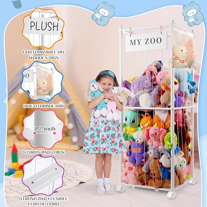 Stuffed Animal Storage Zoo with Wheels, Wooden Stuffed Animal Organizer with Elastic Cords, Space Saving Toy Plushies Storage Holder for Playroom, Bedroom, Living Room(White, Large)