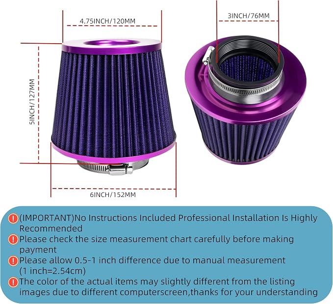 Universal Clamp-On Air Intake Filter, High Performance, Washable Filter
