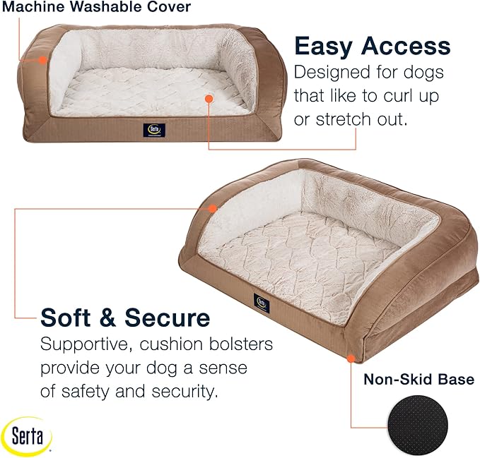 Serta Orthopedic Quilted Couch Dog Bed for Pets – Desert Sand (Small)