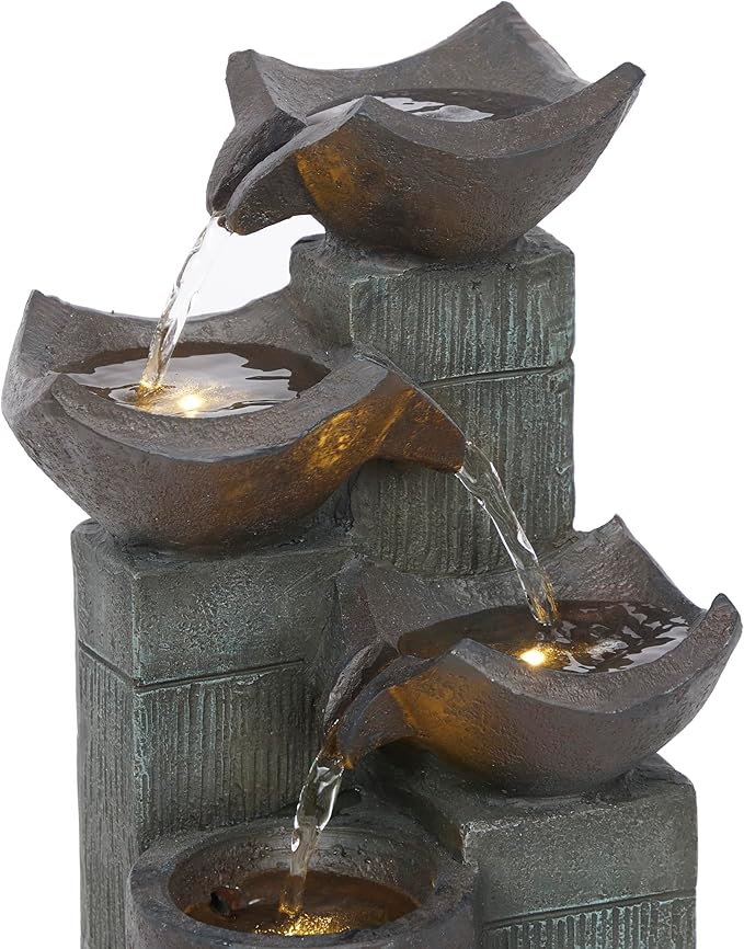 Alpine Corporation TZL414 14" 4 Tier Squared Bowls Fountain with LED Lights, Elegant Tabletop Water Feature for Home, Office, Living Room, Bedroom & Desk Decor, Gray