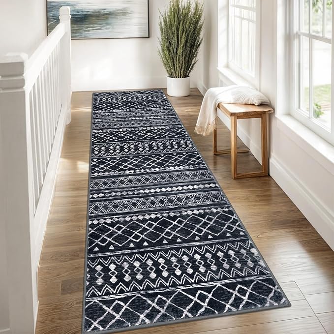 KUTA Moroccan Washable Runner Rug 2.6x8, Non-Slip Vintage Black Boho Hallway