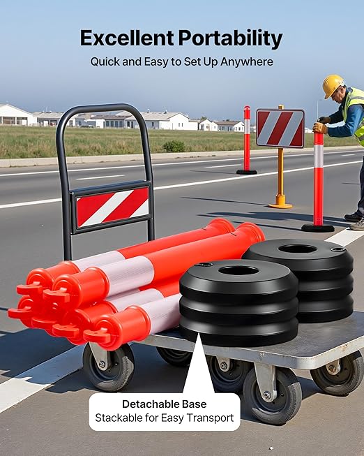 VEVOR 3 Pack Traffic Delineator Posts, 48 inches Traffic Safety Cones with Fillable Base and Reflective Strips, Heavy Duty Delineator Posts for Construction Site, Parking Lot, Crowd Control, Red