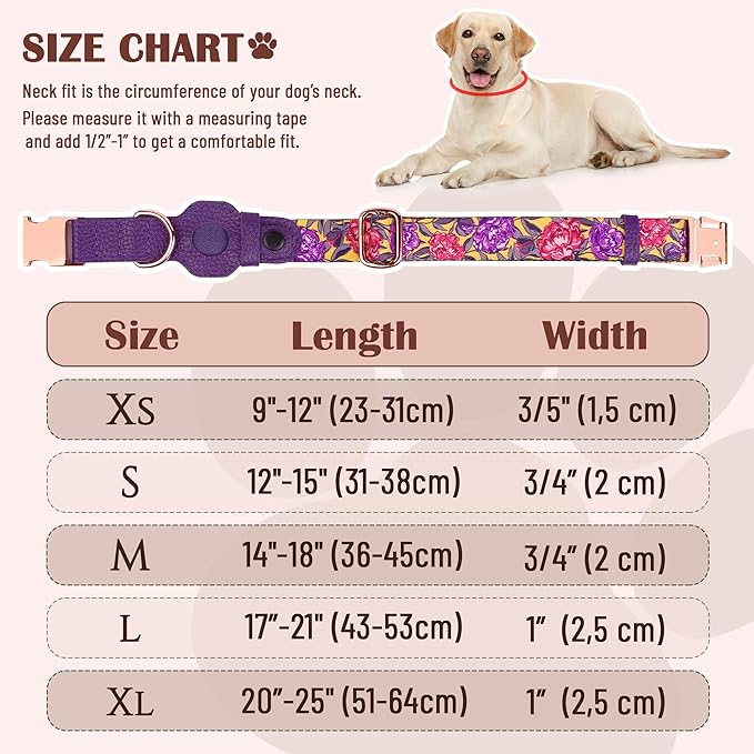 AirTag Dog Collar for Small Medium Large Breed - Adjustable Cute Pattern Dog Collar with Airtag Holder - Soft Leather Tracker GPS Apple Air Tag Pet Collars (Medium, 14"-18" Neck Fit, Peonies)
