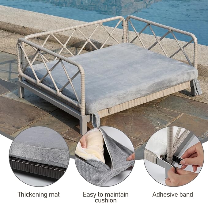 Boho Rattan Dog Bed, Pet Sofa Couch Bed with Removable Cushions - Indoor/Outdoor Durable Pet Furniture for Small/Medium Dogs (Gray)