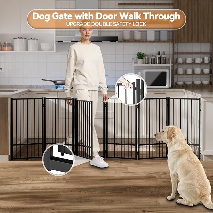 Full Metal Freestanding Dog Gate with Door, 36''Height Foldable Pet Dog Fence for Indoor & Outdoor, 6 Panels Extra Wide Free Standing TallDog Gates for Doorways,House,Stairs,Porch,Deck,Yard
