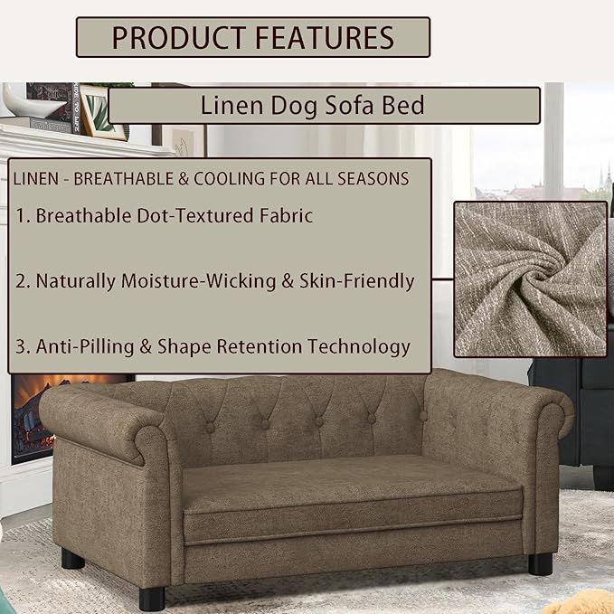 Elevated Rectangle Dog Sofa for Small & Medium Dogs - Comfortable Linen Fabric Dog Bed with Button Tufted Back, Durable Modern and Stylish Pet Bed for Living Room, Bedroom (Brown)