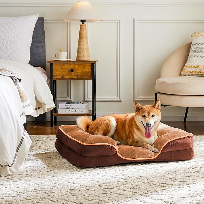 Sweetcrispy Orthopedic Dog Bed, XL Large Memory Foam Puppy Cat Bed with Washable Waterproof Removable Cover & Non-Slip Bottom for Pet Calming Sleeping (42"x32", Brown)