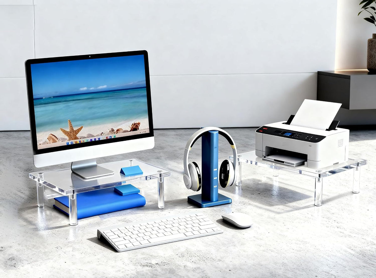 Jusalpha 2 PC Acrylic Monitor Stand - 10mm Thick Clear Platform - 14.5'' x 9'' x 3.4'' Desktop/ Laptop/ Monitor Riser Stand - For Laptop, PC, Notebook, Printer, Computer, Flat Screen LCD TV