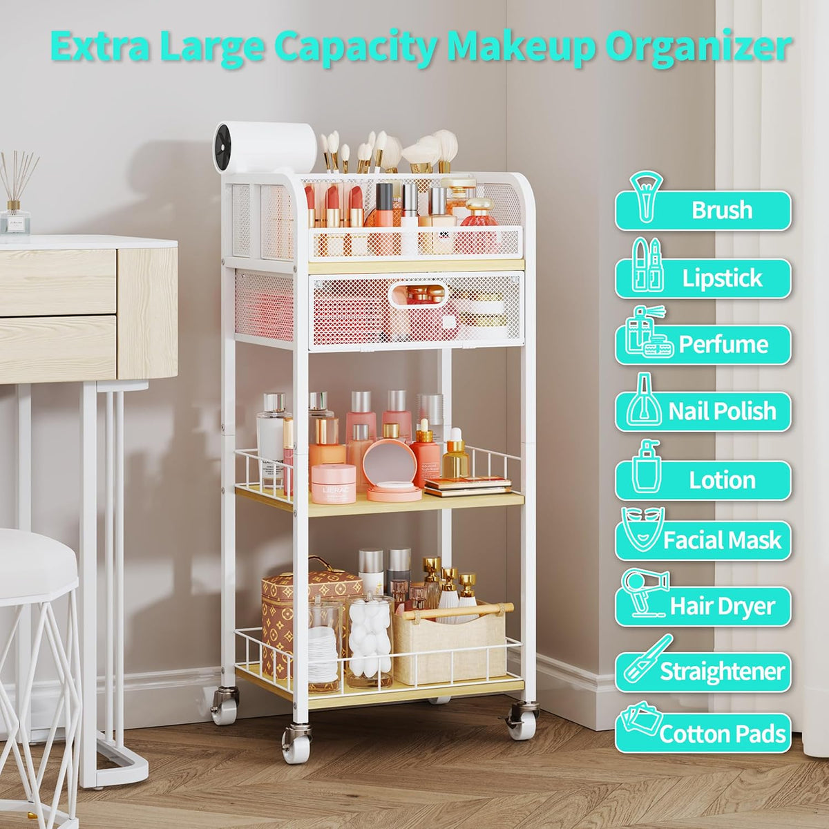 HapiRm Makeup Organizer Storage Cart - Floor Skincare Make Up Organizers with 4 Drawers, Rolling Makeup Cart Vanity Organizer Cosmetics Display Cases Holder for Skin Care Nail Polish Pure White