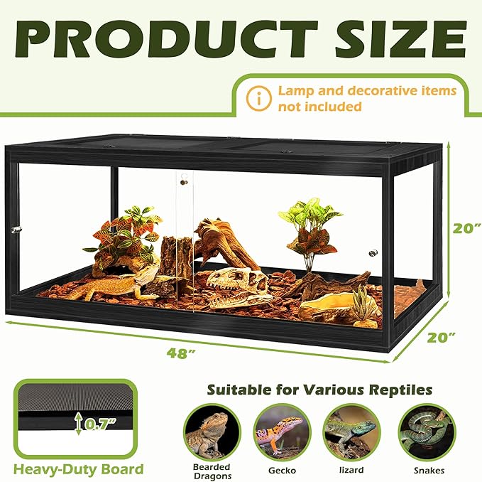 Prolee Tempered Glass Beard Dragon Tank 81 Gallon,Reptile Encloure and Snake Tank with Metal Mesh Roof Door,Locking Design Reptile Tank for Lizard,Gecko,Chameleon (48"X20"X20",Black)