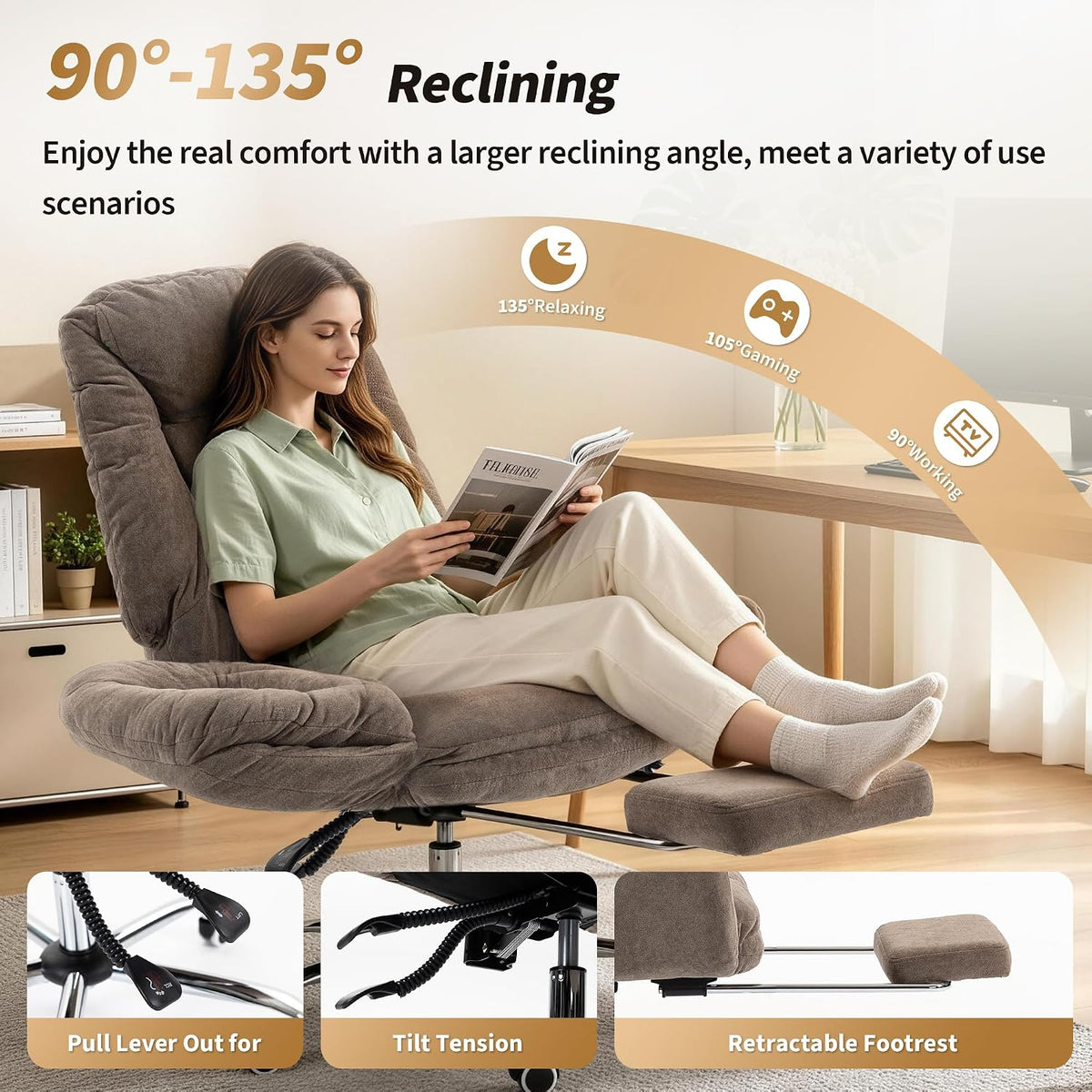 Criss Cross Ergonomic Office Chair with Footrest, Big and Tall Executive Office Chair with 3-Level Adjustable Armrests High Back Adjustable Gaming Chair with Wheels for Home Office, Coffee
