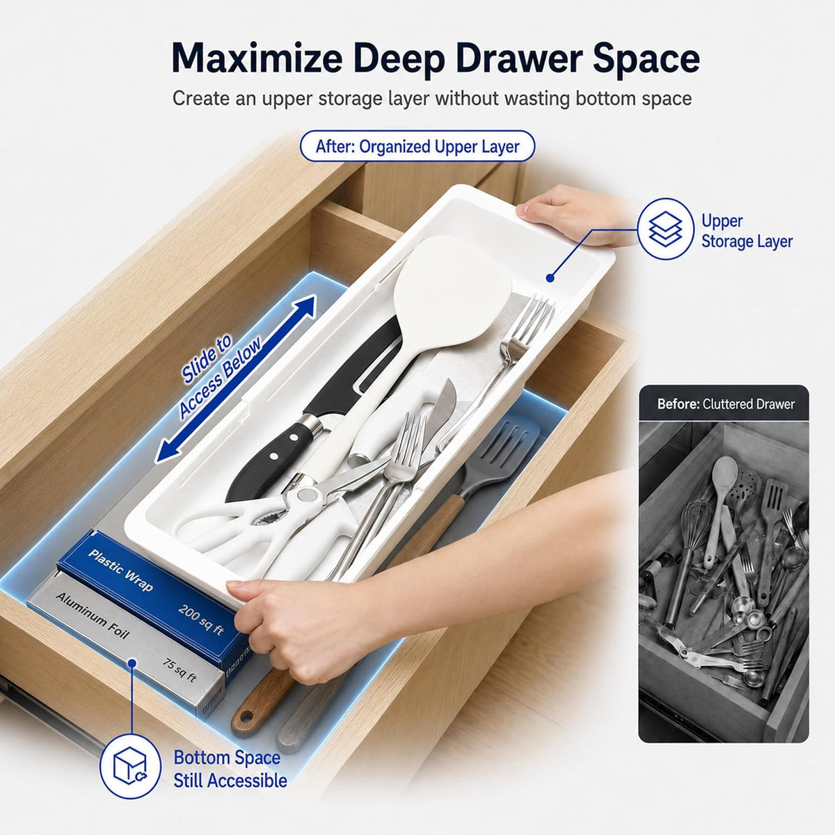 3-Pack Expandable Drawer Organizer for Deep Drawers, Adjustable 17–27 in Storage Tray, Durable PP Smooth Glide Divider for Kitchen, Vanity & Office, Space-Saving Design