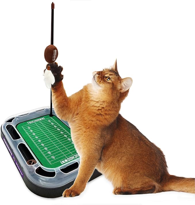 NFL Minnesota Vikings Football Field Cat Scratcher With Catnip Filled Plush Football & Feather Toy Hanging, Jingle Bell Interactive Ball Chasing 5-in-1 Kitty Toy