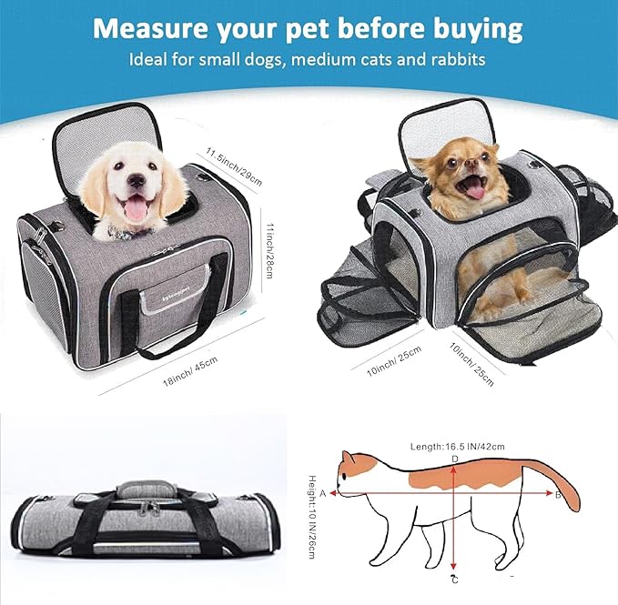 Airline Approved Cat Carrier Under Seat, 4-Way Expandable & Collapsible Soft-Sided Pet Carrier with Removable Fleece Pad - TSA Compliant for Cats, 18x11x11.5in Car & Plane Travel, Vet Visits