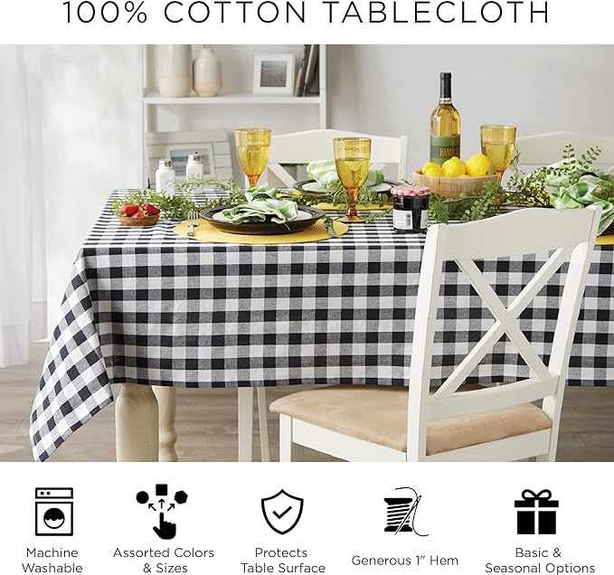 DII Checkered Tabletop Collection 100% Cotton, Machine Washable, Tablecloth