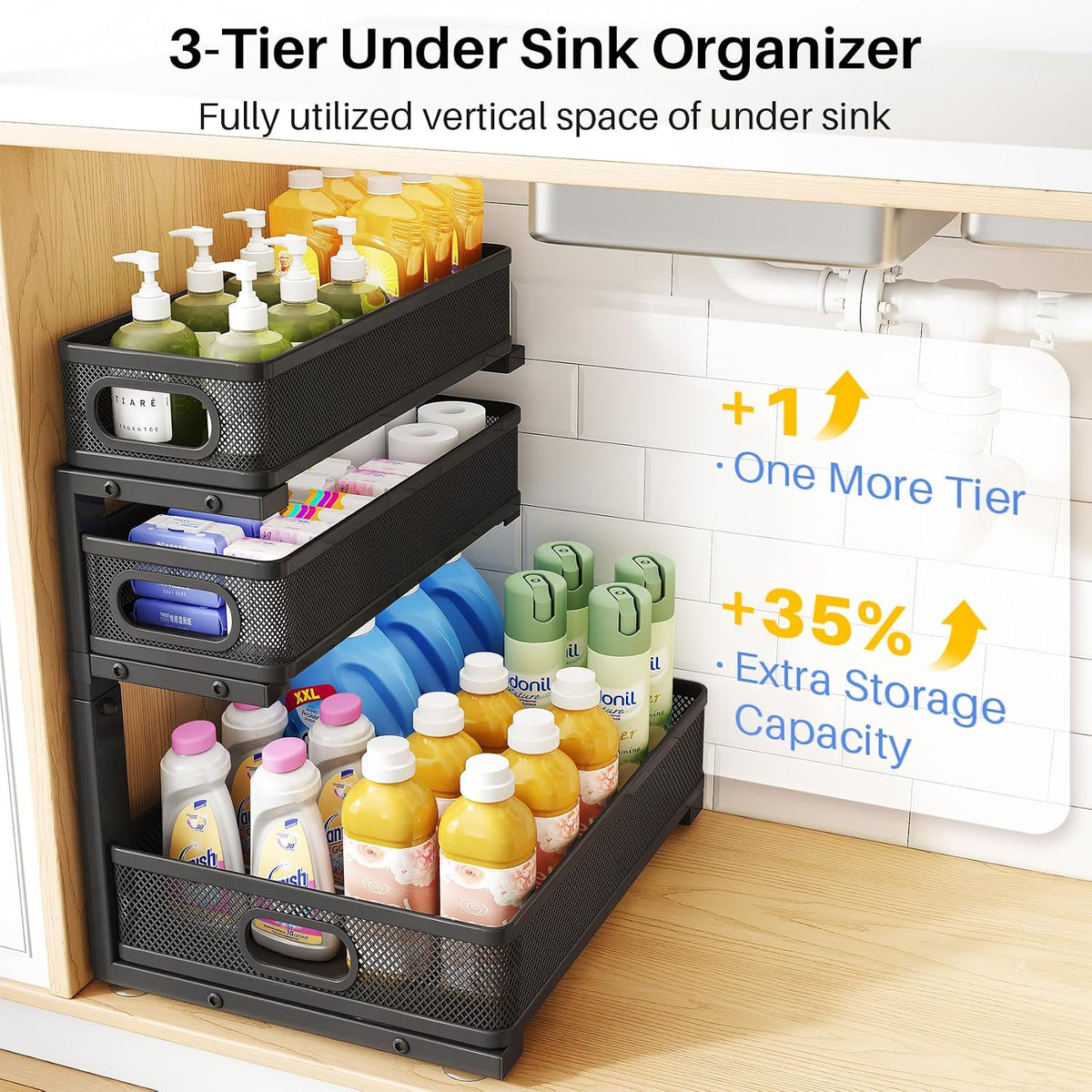 Under Sink Organizer, 3-Tier Thickened Metal Pull out Cabinet Organizer Shelf, Height Adjustable Slide out Storage Drawer Rack for Kitchen Bathroom Pantry Laundry Home Organization, 1-Pack, Black