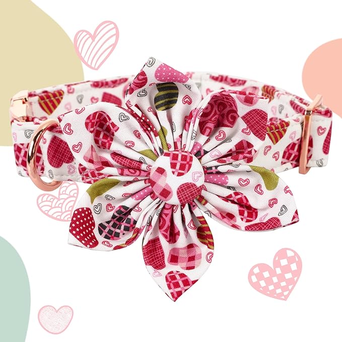 Lionheart Glory Heart Dog Collar, Valentine's Day Dog Collars with Flower, Cute Floral Pattern Pet Collars Adjustable Collar for X-Small Dogs