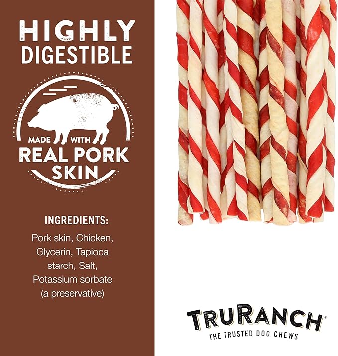 TRURANCH 5" Pork Skin Twists - Collagen Chews for Dogs - Bacon Flavor - Made with Real Pork Skin - Rawhide Alternative - Limited Ingredient - Easy to Digest Treat, 1 Bag, 9 Count