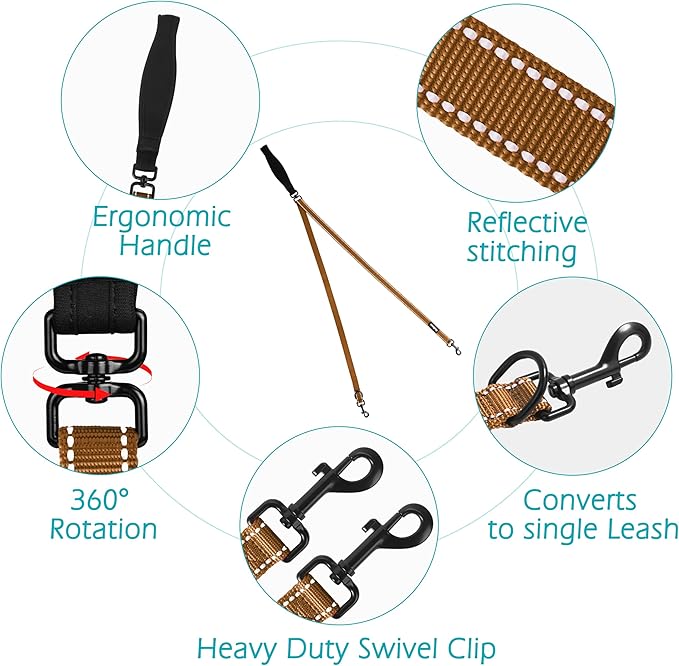PetBonus Two Point Control Dog Leash, Works with No Pull Harnesses, No Tangle Training Leashes, Soft Padded and Reflective Walking Lead, Converts to Single Lead for Medium Large Dogs (Brown)