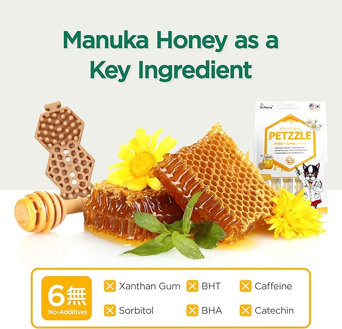 PETZZLE Honeycomb Dental Plus Dog Dental Chews, Treats, Dog Teeth Cleaning, Dental Care Snacks - Tartar & Breath Care Formula (Manuka Honey Flavor), 14 Treats (4.45 oz.)