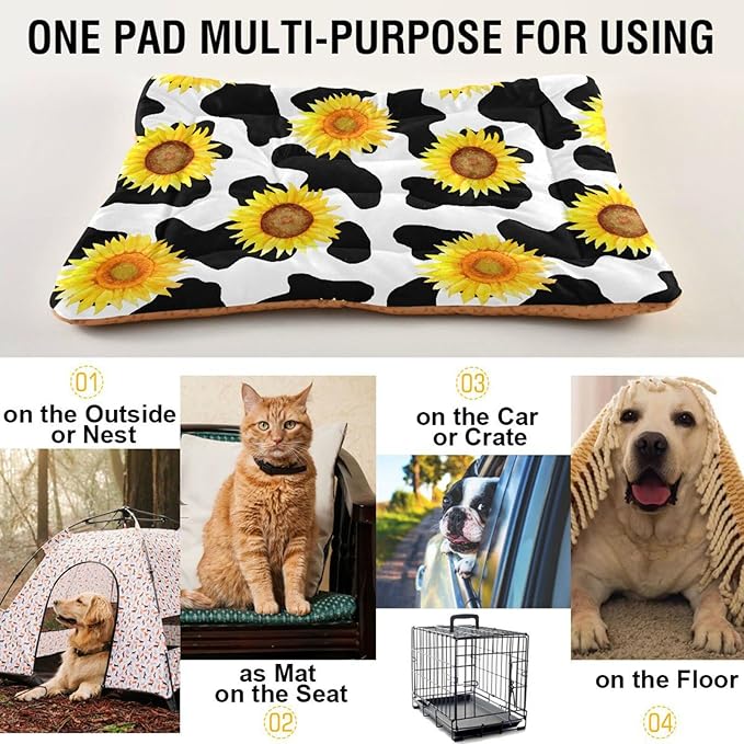 Pet Bed Milk Cow Print Sunflower Dog Bed Mat Absorbing Non Slip Pad Pet Sleeping Mat for Small, Medium, and Large Dogs Puppy Cat 36 in x 24 in